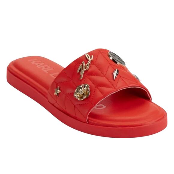 Karl Lagerfeld Shoes - Karl Lagerfeld Women's Carenza Pins Leather Flat Slide Sandals Red Size 6